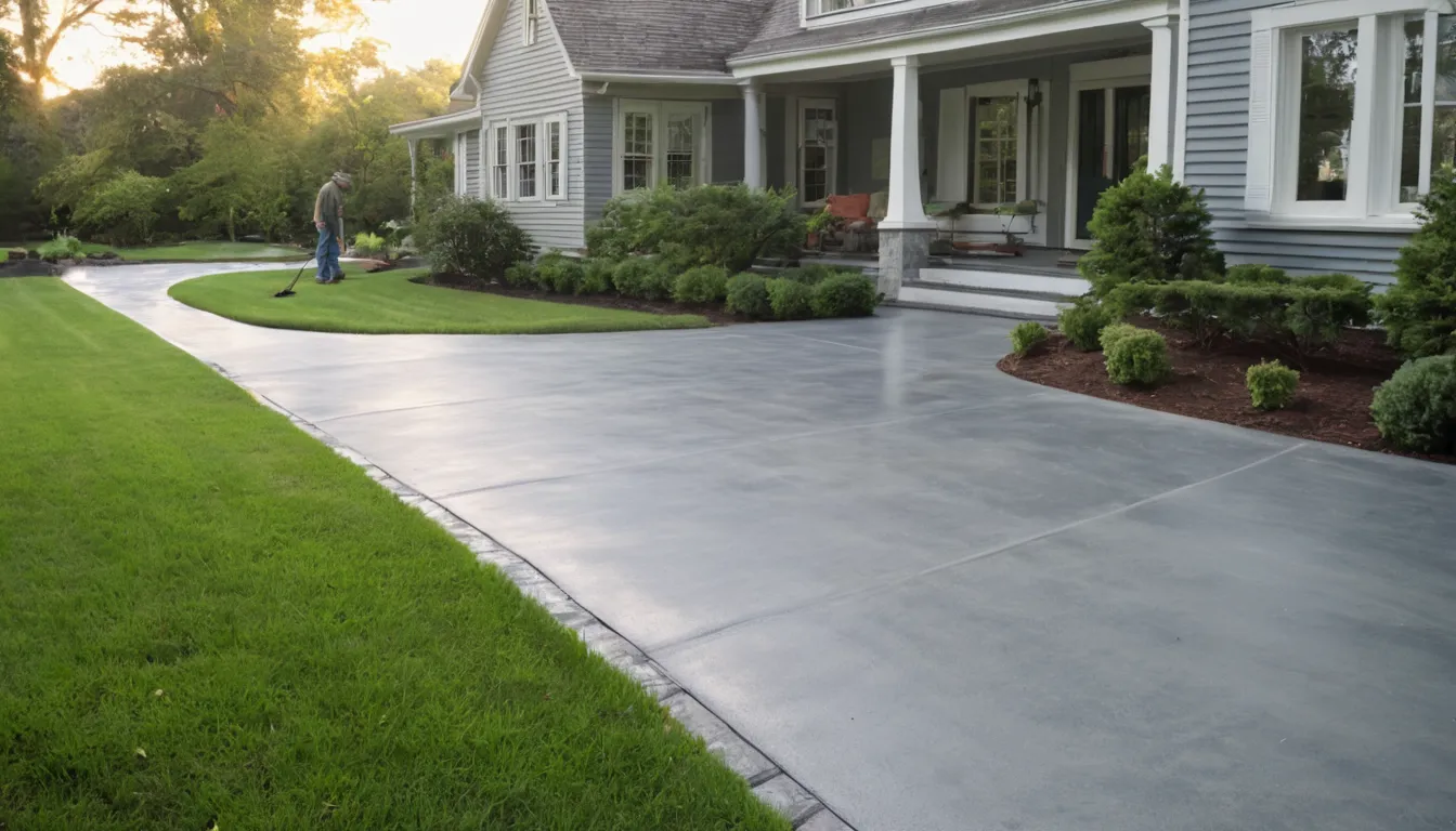 A freshly poured concrete driveway beside a colonial home in La Plata