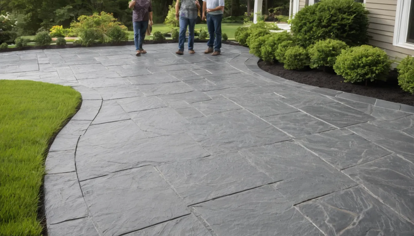 Stamped concrete patio with a slate pattern behind a colonial home in La Plata